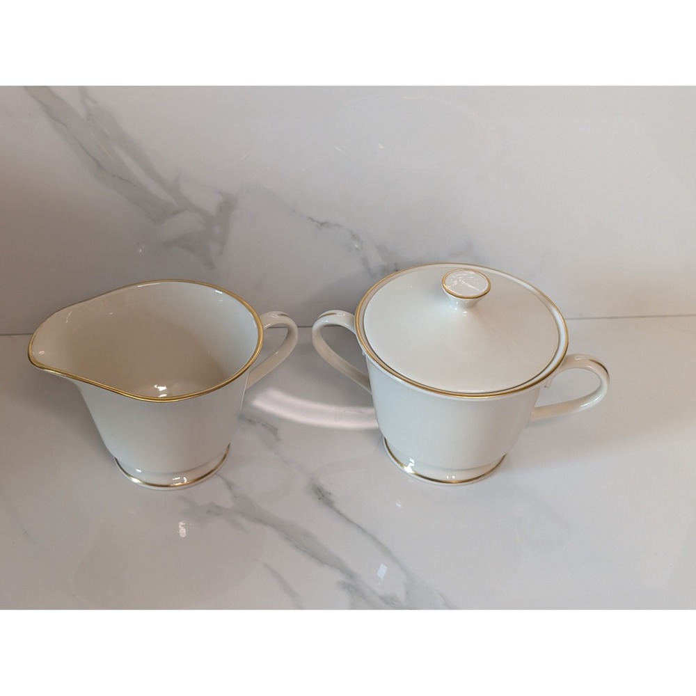 Lenox Hayworth Ivory Porcelain Sugar Bowl with Lid and Creamer Set Gold Trim